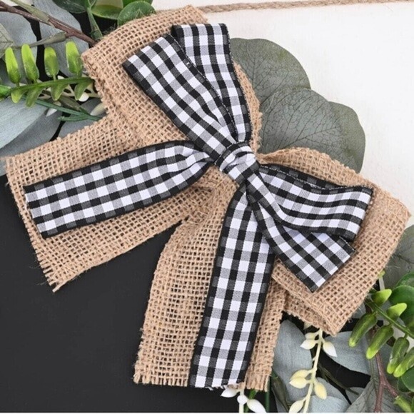 Welcome Wood sign Eucalyptus Farmhouse Wreath Rustic Buffalo Bow Front Porch. - Picture 4 of 9